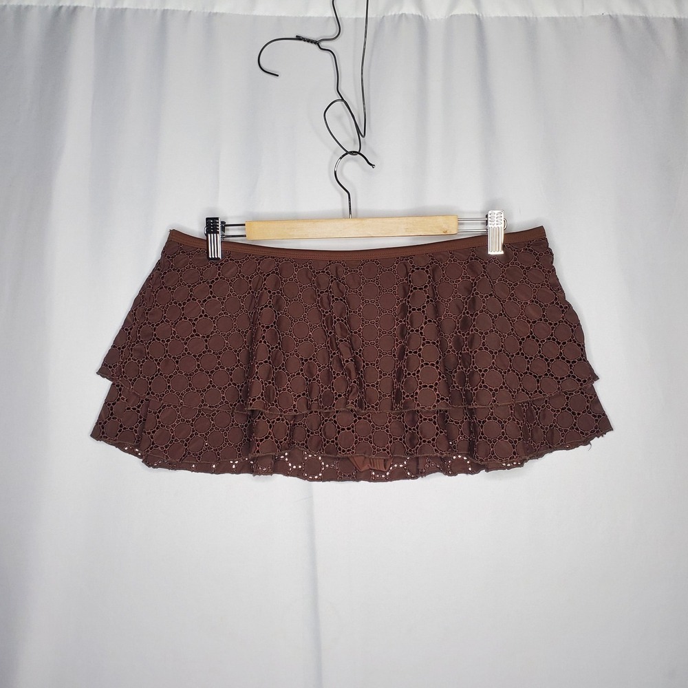 Mizrahi Swim Skirt Large Brown‎ Embroidered Eyelet Tier Ruffle Y2K 00s Beachy
